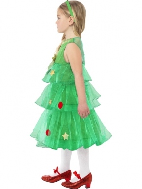Kleine Kerstboom Meisjes Kostuum - schattig kerstboom jurkje met versiering, inclusief groene diadeem.