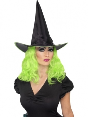 Zwart met Groene Heksenhoed met Haar Halloween. Zwarte Hoed met Groen haar. 