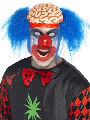 Clown Pruik met Blootliggende Hersenen met Blauw haar. We verkopen het enge schmink setje los. 