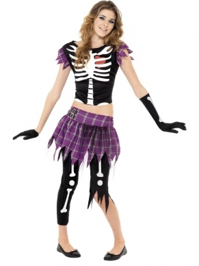 Teen Punky Skeletten Meisjes Kostuum. Inbegrepen is het shirt met skelettenprint, de rok, de handschoenen en de legging met skelettenprint. 