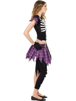 Teen Punky Skeletten Meisjes Kostuum. Inbegrepen is het shirt met skelettenprint, de rok, de handschoenen en de legging met skelettenprint. 