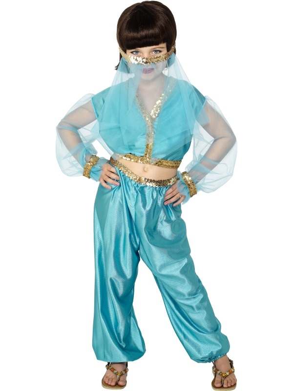 Arabian Princess Jasmine Meisjes Verkleedkleding. Wees de Arabische prinses Jasmine van Aladdin. Inbegrepen is de broek, het topje en de sluier. Lichtblauw kostuum mooi afgewerkt met gouden pailletten.