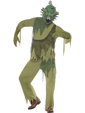 Moeras Monster Horror Heren Verkleedkostuum. Inbegrepen is dit complete kostuum met shirt, broek en masker. 