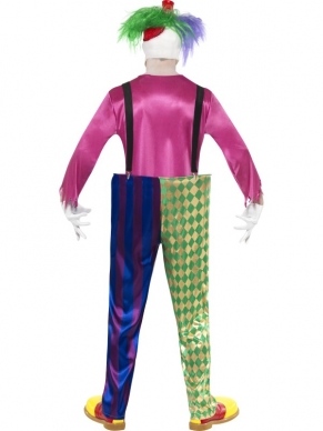 Killer Clown Horror Heren Kostuum. Inbegrepen is het kleurrijke shirt, met broek en bretels en het enge masker. 