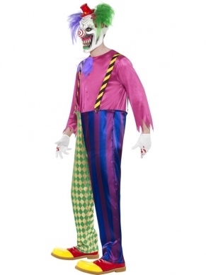 Killer Clown Horror Heren Kostuum. Inbegrepen is het kleurrijke shirt, met broek en bretels en het enge masker. 