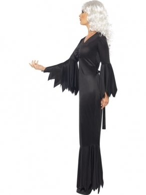 Midnight Vampier Dames Halloween Kostuum. Mooie Lange Zwarte Jurk met uitlopende mouwen. 