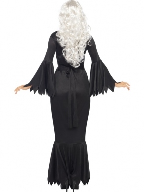 Midnight Vampier Dames Halloween Kostuum. Mooie Lange Zwarte Jurk met uitlopende mouwen. 