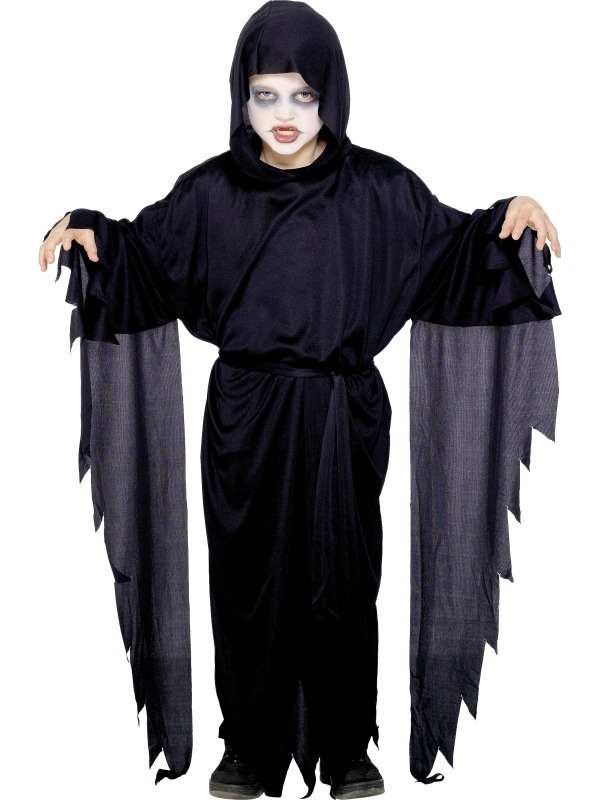 Screamer Ghost Kinder Halloween Kostuum. Inbegrepen is het zwarte gewaad met hoody en mouwen en de riem. 