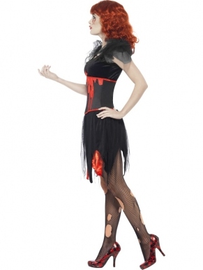 Blood Drip Vampier Dames Halloween Kostuum. Inbegrepen is de mooie jurk met korsetje. 
