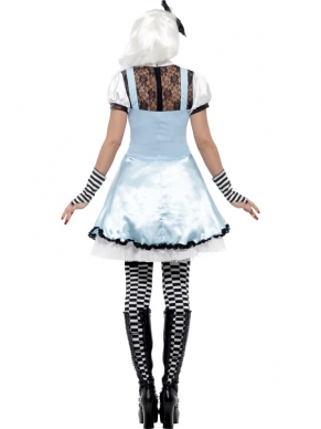 Gothic Halloween Wonderland Dames Verkleedkostuum. Inbegrepen is de mooie Halloween jurk met veel details en kant, de handschoenen en de haarband. 