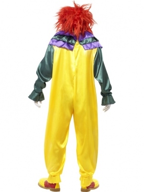 Klassieke Horror Clown Horror Halloween Kostuum. Inbegrepen is het complete clownspak (jumpsuit) en het masker met haar. De handschoenen verkopen we los. 