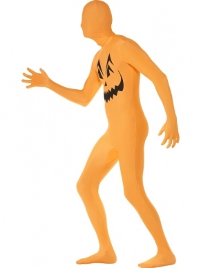 Pompoen Halloween Second Skin Morph Suit. Oranje Second Skin Morph Suit Met Pompoen print. De morphsuits zijn gemaakt van stretch lycra, waardoor het zich naadloos aanpast aan ieder figuur. Er zit een openening onder de kin en bij de gulp.