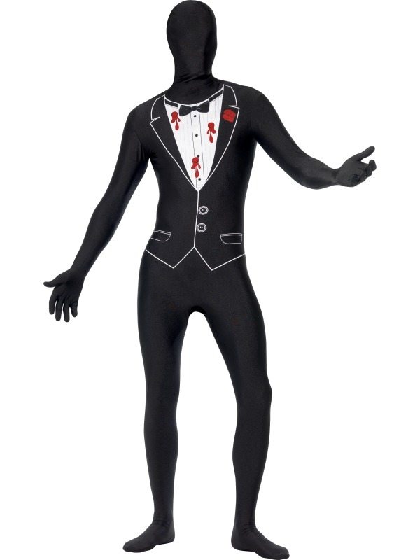 Beschoten Gangster Halloween Morph Suit Second Skin Kostuum. Zwarte Second Skin Morph Suit met Pak print en rode bebloedde kogelgaten. De morphsuits zijn gemaakt van stretch lycra, waardoor het zich naadloos aanpast aan ieder figuur. Er zit een openening onder de kin en bij de gulp en inclusief heuptasje.
