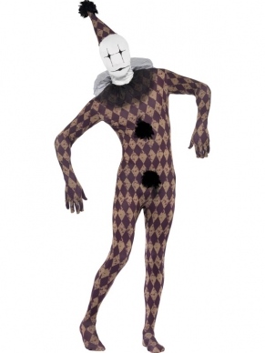 Harlekijn Clown Second Skin Morph Suit Verkleedkostuum. Geblokte Second Skin Morph Suit met hoed en kraag. De morphsuits zijn gemaakt van stretch lycra, waardoor het zich naadloos aanpast aan ieder figuur. Er zit een openening onder de kin en bij de gulp en inclusief heuptasje.