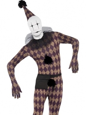 Harlekijn Clown Second Skin Morph Suit Verkleedkostuum. Geblokte Second Skin Morph Suit met hoed en kraag. De morphsuits zijn gemaakt van stretch lycra, waardoor het zich naadloos aanpast aan ieder figuur. Er zit een openening onder de kin en bij de gulp en inclusief heuptasje.