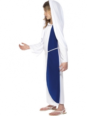 Maria Moeder van Jezus Meisjes Kostuum - lange wit - blauwe jurk, inclusief touw en hoofddoek.