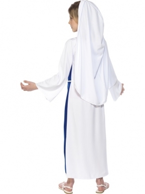 Maria Moeder van Jezus Meisjes Kostuum - lange wit - blauwe jurk, inclusief touw en hoofddoek.
