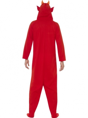 Duivel Heren Halloween Verkleedkostuum Jumpsuit. Inbegrepen is de rode jumpsuit met hoody, staart en hoorntjes.