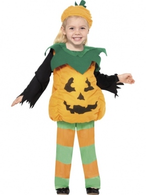 Kleine Pompoen Meisjes Halloween Kostuum. Inbegrepen is de gestreepte broek, het pompoenen shirt en het hoedje. 