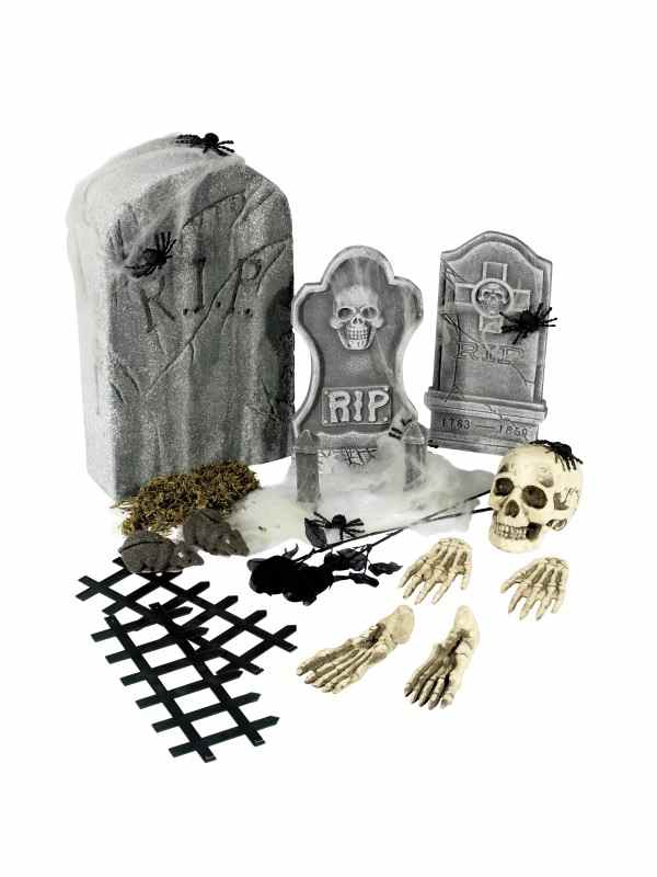 Begraafplaats Halloween Versiering 24 Stuks - inbegrepen zijn grafstenen, rozen, blaadjes, mos, ratten, spinnen, een schedel, botten en hekjes. Leuk voor Halloween of een themafeest!