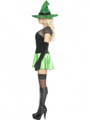Leuk 3-delig verkleedkostuum: Wicked Bitch Heksen Halloween Kostuum. Inbegrepen is de jurk, de heksenhoed en de handschoenen. 