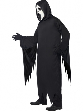Screamer Ghost Heren Halloween Kostuum. Inbegrepen is het zwarte lange gewaad en het screamer masker. 