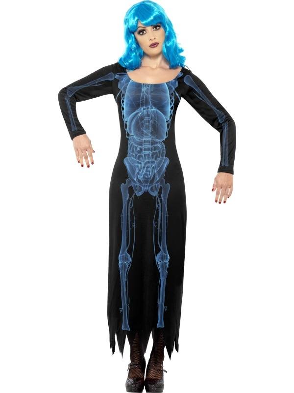 X Ray Halloween Jurk Verkleedkleding, bestaande uit de lange zwarte jurk met x ray print. De pruik en de panty verkopen we los met hoge korting. Leuk voor Halloween. 
