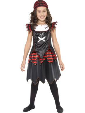 Stoere Piraat Kostuum voor Meisjes, bestaande uit de stoere jurk en de bandana met doodshoofd. Leuk voor een Piraten feestje.
