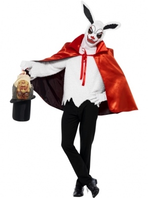 Circus Sinister Enge Goochelaar Heren Halloween Kostuum. Inbegrepen is het enge konijnenmasker, de rode cape, het shirt, de handschoenen en de hoed met hoofd. Spooky Circus Goochelaar kostuum voor Halloween of andere horror feesten. 