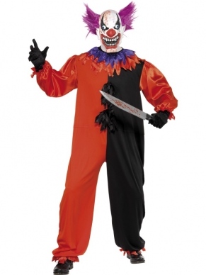 Circus Sinister Scary Clown Heren Kostuum. Inbegrepen is de rood zwarte jumpsuit en het enge clowns masker. 
