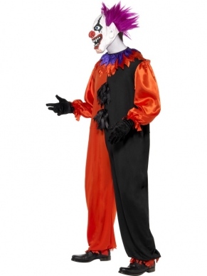Circus Sinister Scary Clown Heren Kostuum. Inbegrepen is de rood zwarte jumpsuit en het enge clowns masker. 