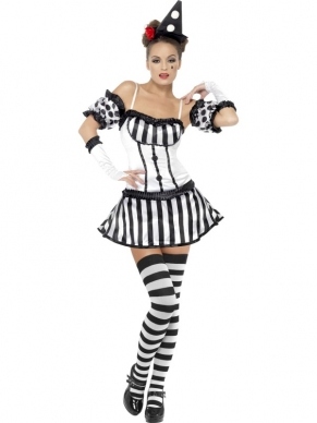 Fever Clown Mime Diva Halloween Dames Kostuum. Inbegrepen is de mooie sexy gestreepte jurk met losse mouwen, de handschoenen en het hoedje. De kousen verkopen we lost met korting. 