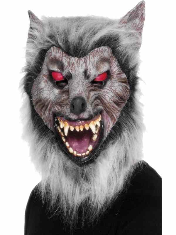 Eng Grijs Weerwolf Halloween Masker met Haar. Dit masker gaat over uw hele hoofd.