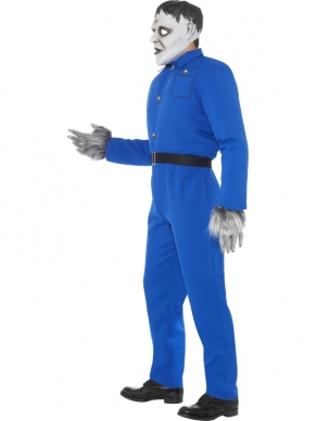 Screaming Monster Horror Halloween Kostuum en Masker. Eng kostuum voor Halloween en Andere Horror Feesten. Inbegrepen is blauwe pak met riem (boiler suit) inclusief opblaasbare schouderstukken en het masker. 