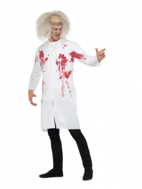 Lange Witte Halloween Dokter's Jas Met Bloedvlekken. We verkopen bijpassende accessoires voor een eng halloween kostuum. 