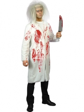 Lange Witte Halloween Dokter's Jas Met Bloedvlekken. We verkopen bijpassende accessoires voor een eng halloween kostuum. 