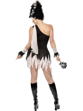 Monster's Bruid Dames Halloween Kostuum. Inbegrepen is de zwart zilveren jurk en de handschoenen. Leuk voor Halloween. 