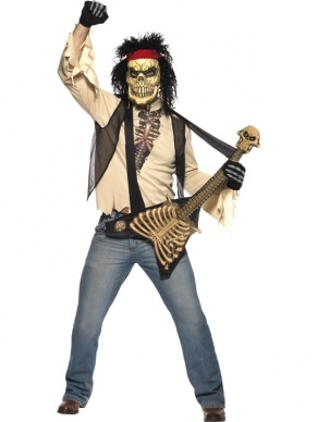 Zombie Rocker Heren Halloween Kostuum. Inbegrepen is het zombie masker met haar, het shirt met spencer eraan vast en de skeletten gitaar. Leuk voor Halloween. 