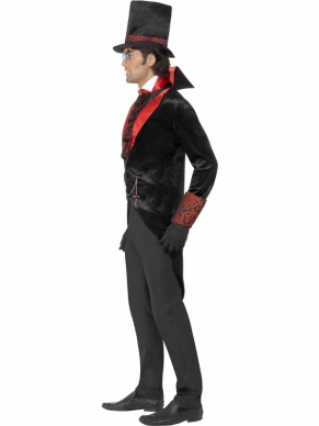Dracula Halloween Horror Kostuum. Inbegrepen is de mooie dracula jas, de cravat en de hoge hoed. Mooi kostuum voor Halloween en Dracula Vampieren Feesten. 