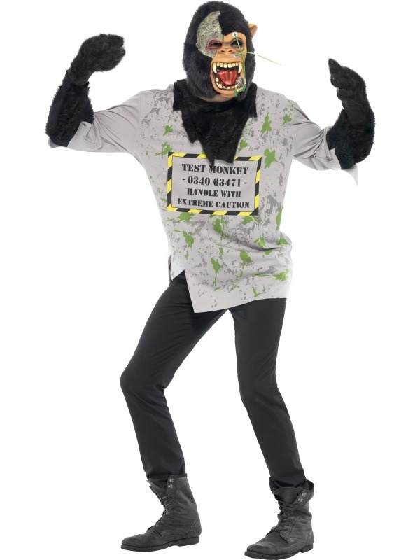 Mutant Monkey Enge Aap Heren Kostuum Halloween. Inbegrepen is het shirt met de harige apen armen en het latex apen masker. Eng horror kostuum voor Halloween. 