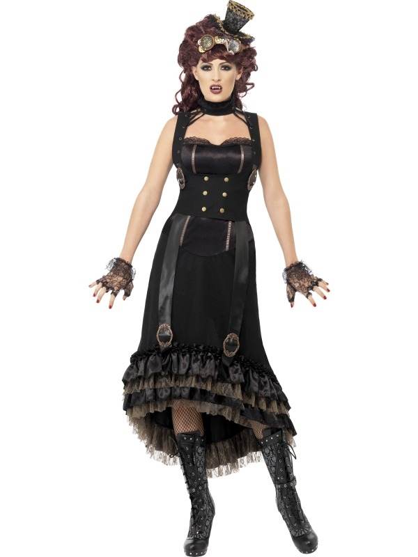 Steam Punk Vampieren Halloween Kostuum. Mooi halloween kostuum van top kwaliteit en met mooie details. Inbegrepen is de jurk met strak lijfje en mooie details. De accessoires verkopen we los om dit vampieren kostuum compleet te maken. Leuk voor halloween of een vampieren themafeest.
