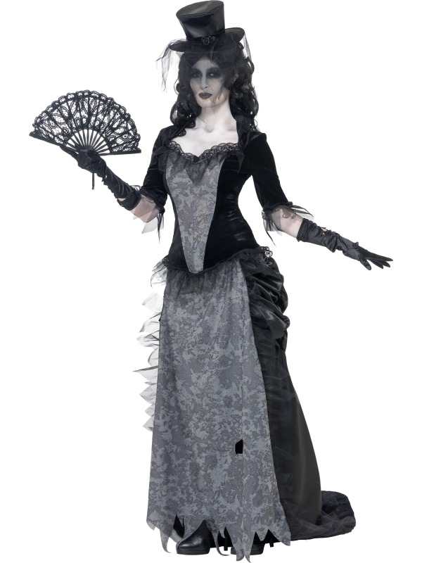 Ghost Town Zwarte Weduwe Dames Kostuum. Mooi en Griezelig Halloween Kostuum met shirt, lange rok en de hoed met stukjes sluier. De accessoires verkopen we los om het kostuum compleet te maken. Leuk voor Halloween en andere horror feesten. 