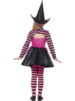 Zwart Roze Gestreepte Heks Meisjes Kostuum. Mooi Halloween kostuum met gestreeptje heksenjurk, bolero en de zwarte heksenhoed. Mooi voor Halloween en andere heksenfeesten. 