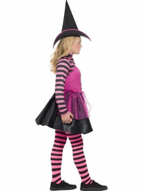 Zwart Roze Gestreepte Heks Meisjes Kostuum. Mooi Halloween kostuum met gestreeptje heksenjurk, bolero en de zwarte heksenhoed. Mooi voor Halloween en andere heksenfeesten. 