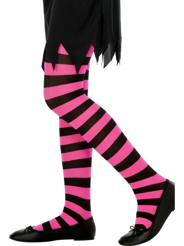 Roze - Zwart Gestreepte Panty voor Kinderen - de panty is niet doorzichtig en verkrijgbaar in diverse kleuren.