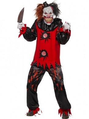 Enge Killer Horror Clown Halloween Kostuum. Gruwelijk kostuum voor Halloween of andere Horror Feesten. Inbegrepen is het clownspak (jumpsuit), de kraag, de schoenen hoezen en het enge clown masker. 