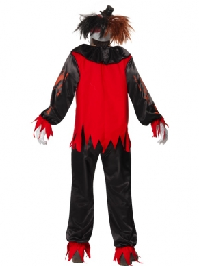 Enge Killer Horror Clown Halloween Kostuum. Gruwelijk kostuum voor Halloween of andere Horror Feesten. Inbegrepen is het clownspak (jumpsuit), de kraag, de schoenen hoezen en het enge clown masker. 