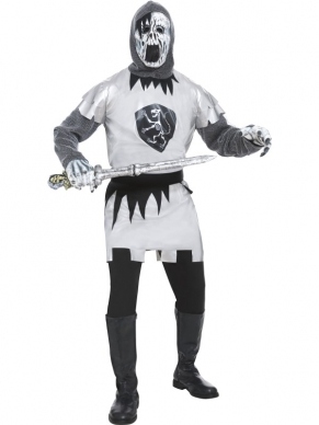 Ghostly Ridder Heren Halloween Kostuum. Inbegrepen is de ridder tuniek, hoody en het latex masker. Eng kostuum voor Halloween. 