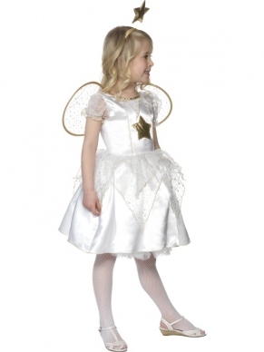 Star Fairy Meisjes Kostuum - mooi wit jurkje met gouden ster en gouden details, inclusief vleugels en diadeem met gouden ster.