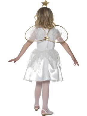 Star Fairy Meisjes Kostuum - mooi wit jurkje met gouden ster en gouden details, inclusief vleugels en diadeem met gouden ster.